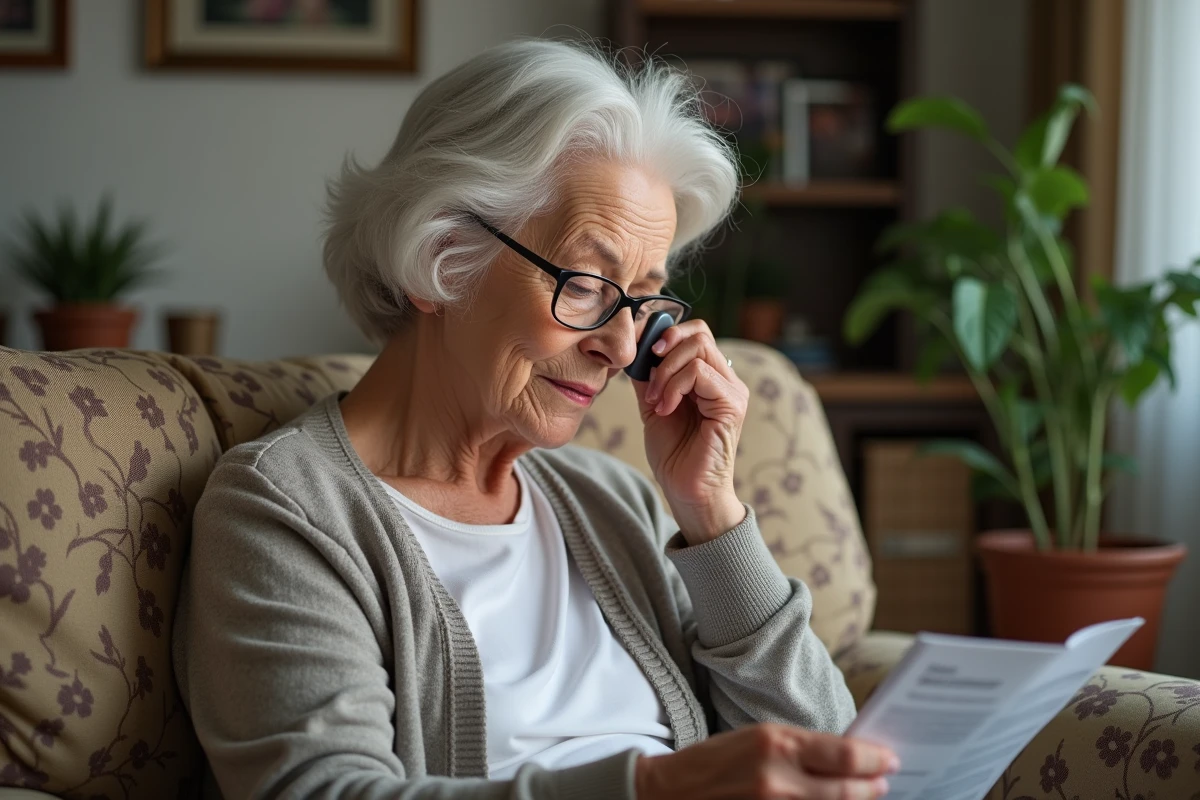 Femme &acirc;g&eacute;e lit un manuel d aide auditive chez elle