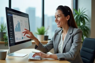 Femme paramétrant un logiciel de mailing pour lancer une formation en ligne depuis un bureau moderne
