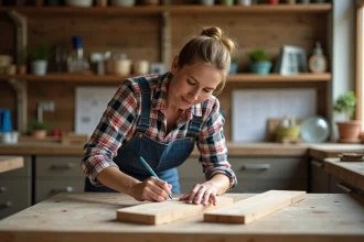 Femme mesurant des planches en atelier maison