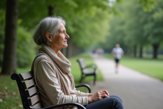 Femme d'âge moyen assise paisiblement sur un banc dans un parc