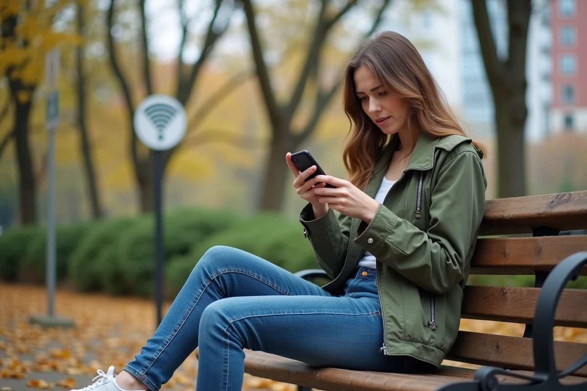 Jeune femme dans un parc urbain frustrée avec son smartphone
