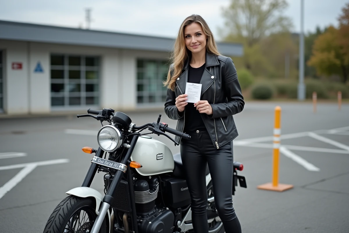 Femme tenant son permis B devant une moto 125 cm3 dans un parking d'auto-école, symbolisant les démarches pour conduire un 125 avec le permis voiture