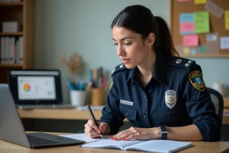 Femme policiere en bureau organisee planifiant son etude
