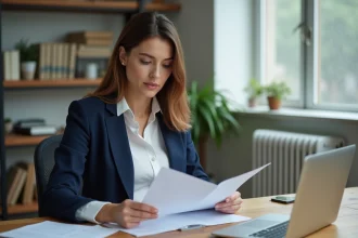 Femme consultant une fiche métier Pôle Emploi imprimée pour préparer un entretien d'embauche à son bureau à domicile