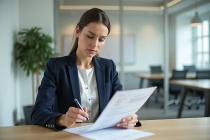 Femme professionnelle annotant un CV format suisse imprimé sur un bureau moderne en bois dans un bureau épuré