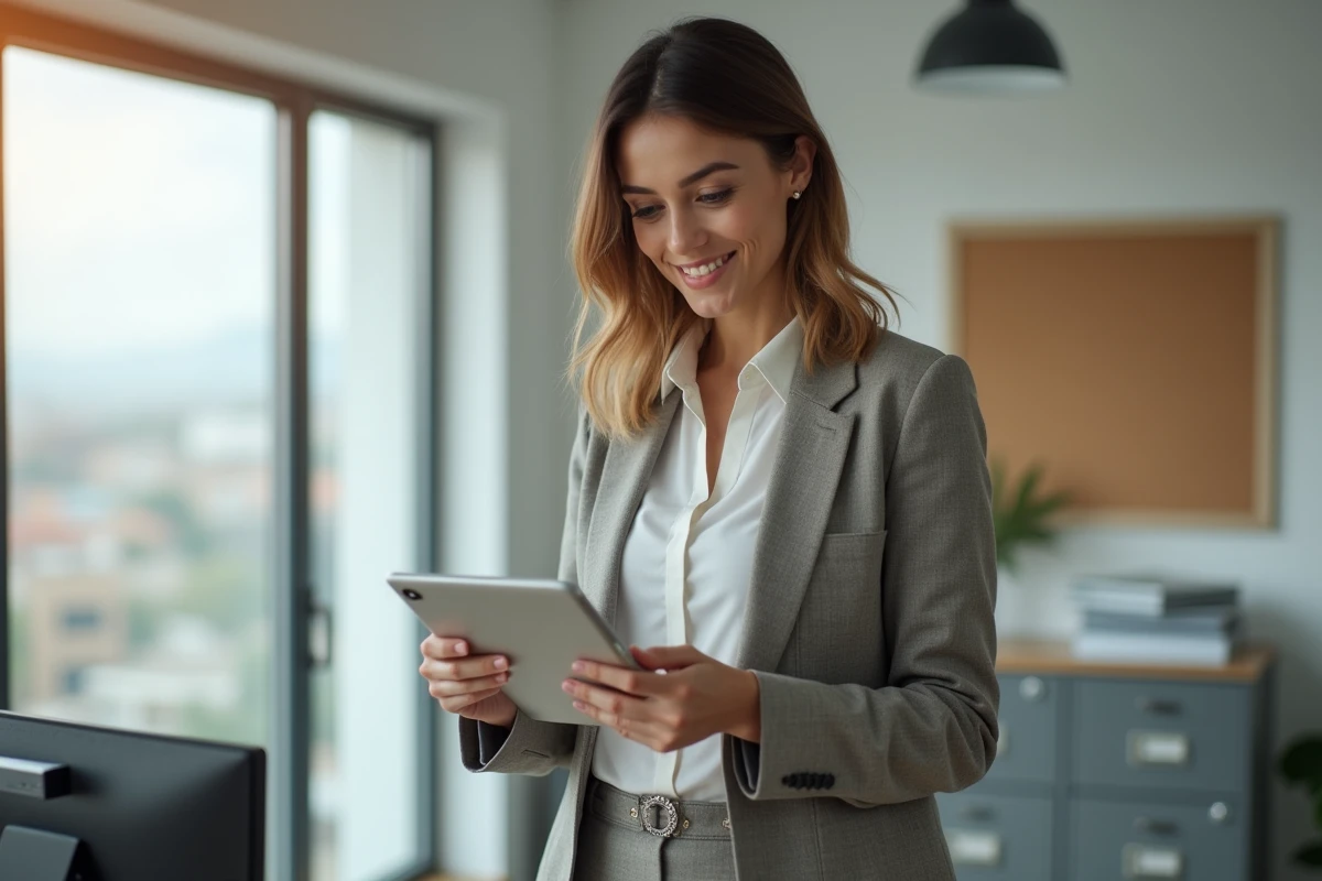 Femme professionnelle utilisant une tablette dans un bureau lumineux