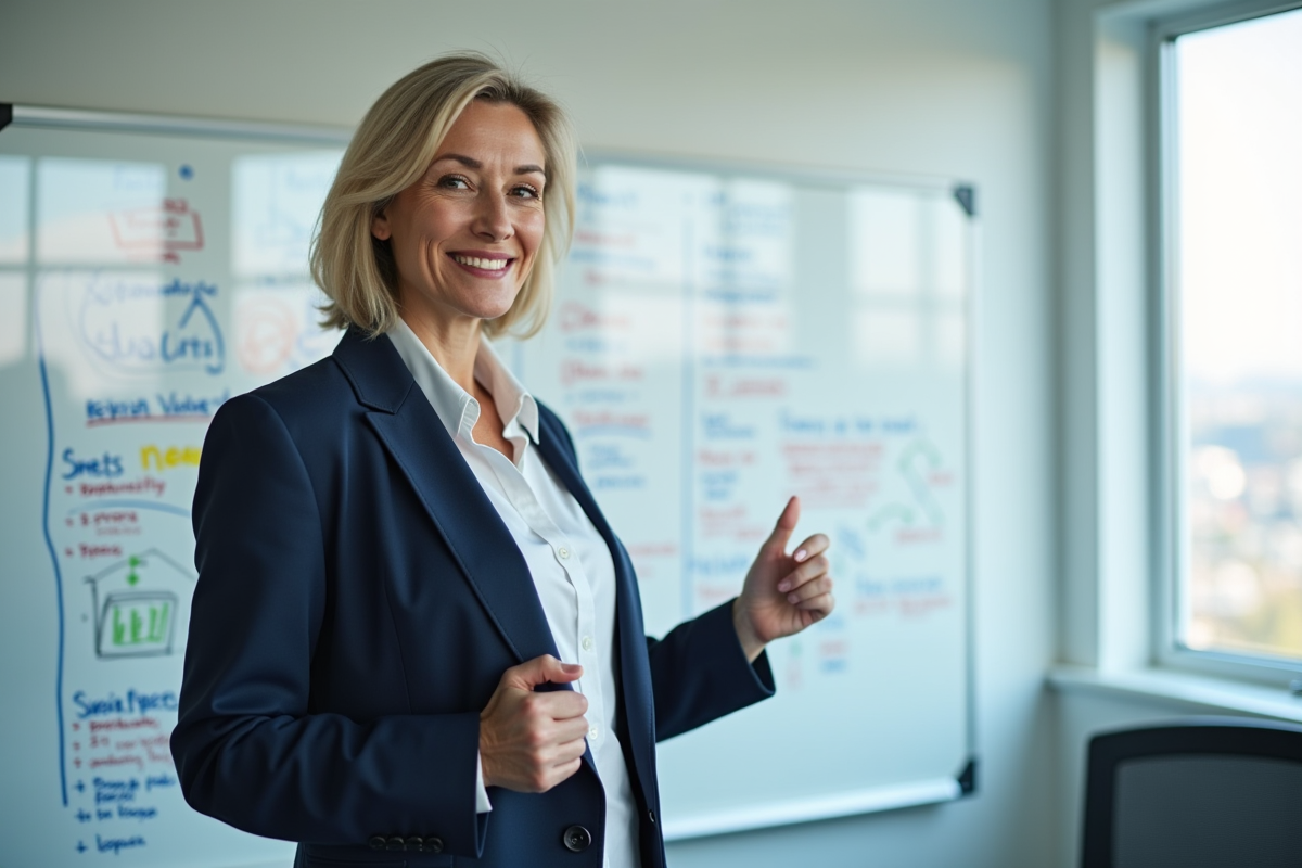 Femme confiante expliquant principes de gestion de la qualité