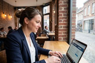 Femme en blazer regardant une offre d'emploi sur son ordinateur à Dunkerque