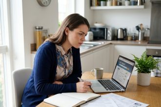 Jeune femme concentrée recherchant un emploi à la maison