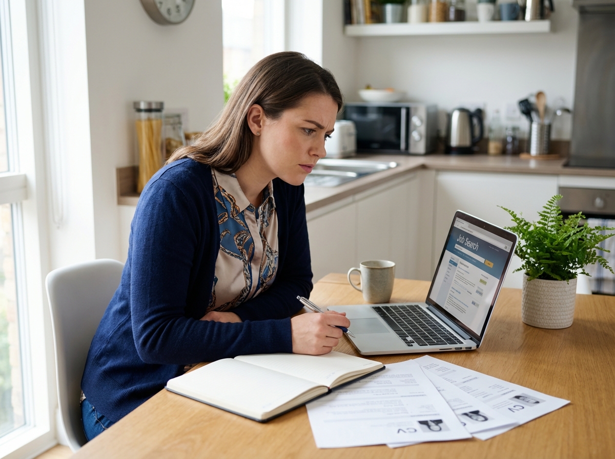 Jeune femme concentrée recherchant un emploi à la maison