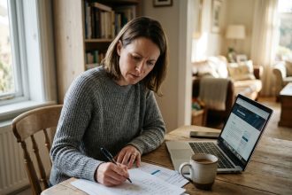 Femme en reconversion professionnelle étudiant des documents de formation à domicile