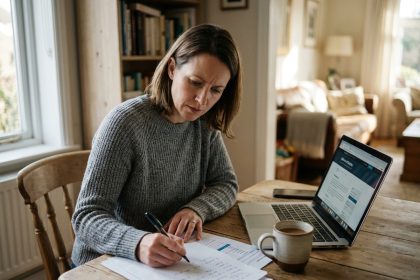 Femme en reconversion professionnelle étudiant des documents de formation à domicile