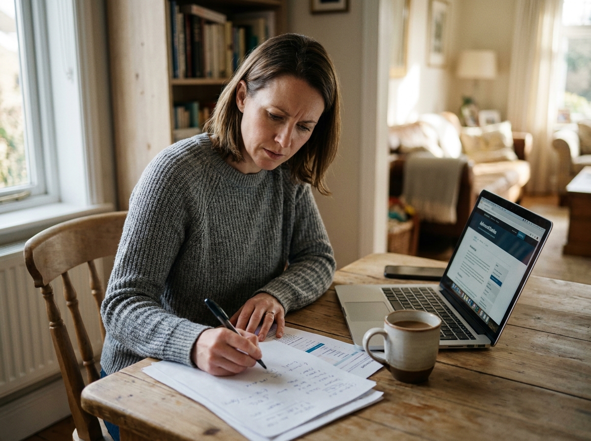 Femme en reconversion professionnelle étudiant des documents de formation à domicile
