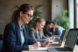 Femme de 45 ans prenant des notes lors d'un séminaire de formation digitale à Paris pour réussir sa reconversion professionnelle