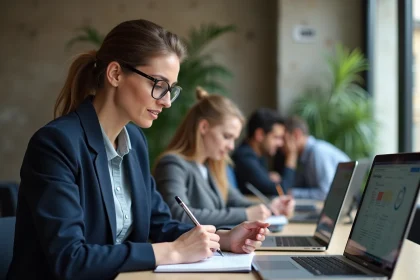 Femme de 45 ans prenant des notes lors d'un séminaire de formation digitale à Paris pour réussir sa reconversion professionnelle