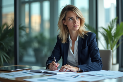 Femme d'âge moyen en blazer navy dans un bureau moderne