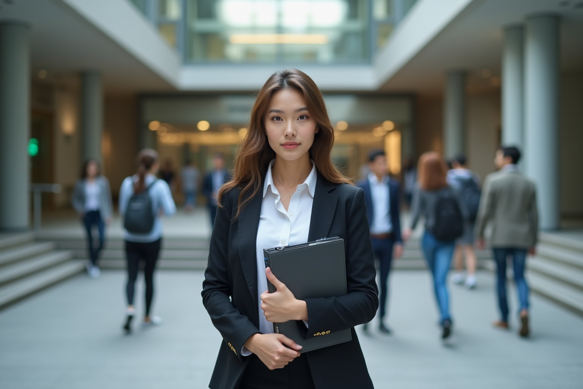 Jeune femme confiante devant un bâtiment universitaire