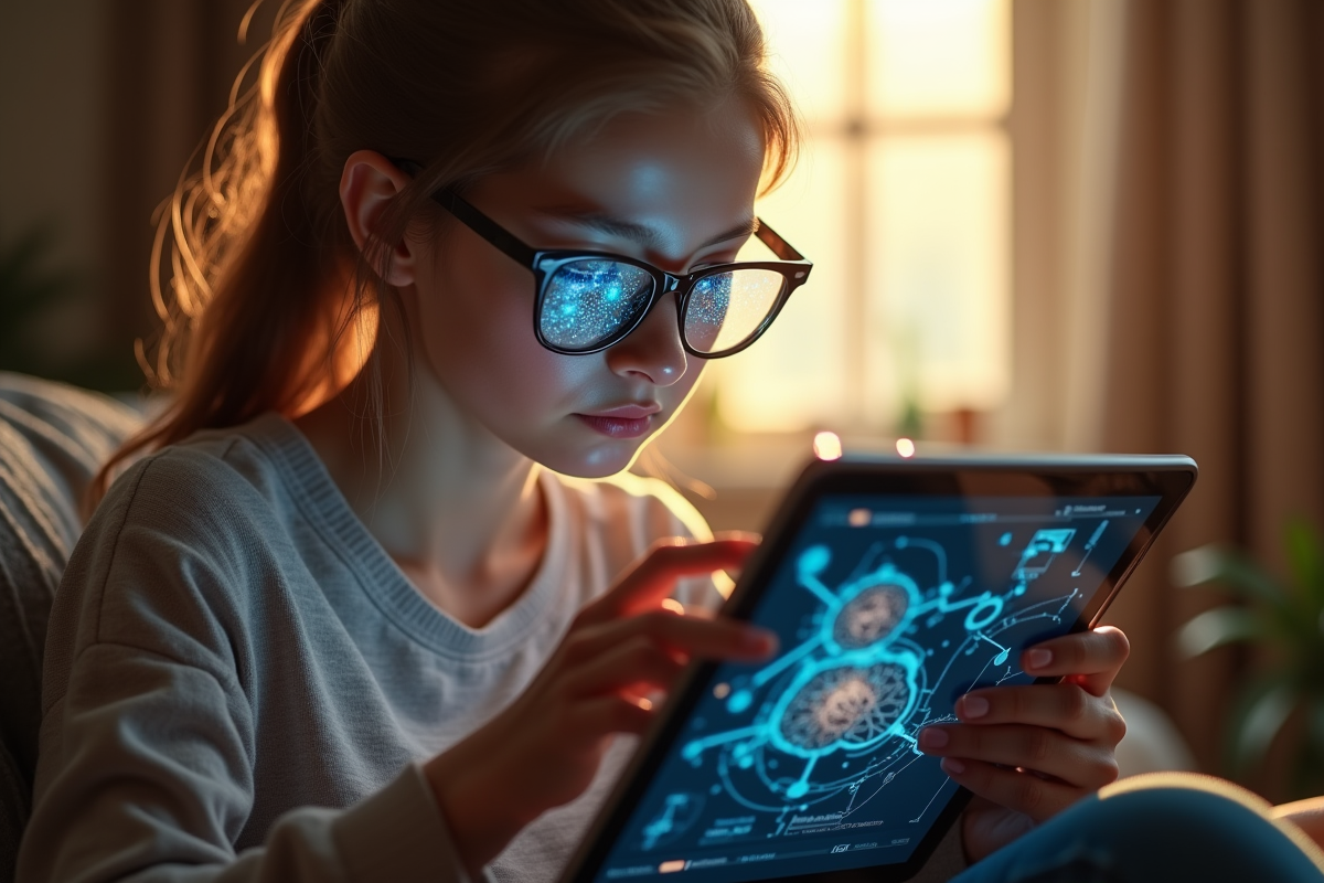 Jeune femme concentrée sur une tablette avec réseaux neuronaux