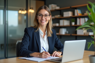 Femme en bureau prenant des notes lors d'une formation en ligne