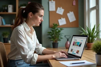 Femme concentrée travaillant sur un ordinateur dans un bureau moderne