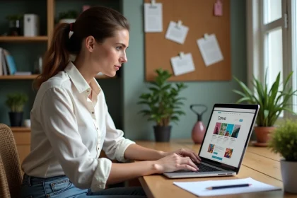 Femme concentr&eacute;e travaillant sur un ordinateur dans un bureau moderne