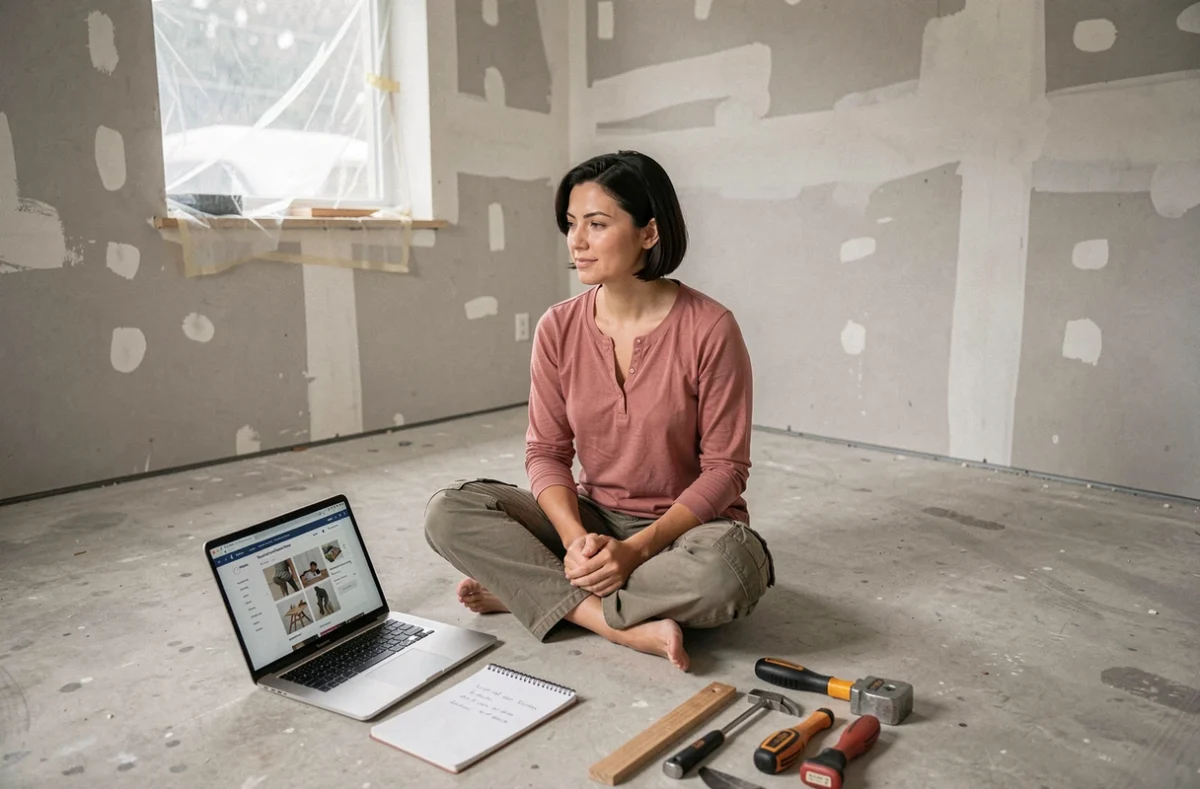 Femme consultant un tutoriel de bricolage en ligne sur un ordinateur portable dans un appartement en rénovation