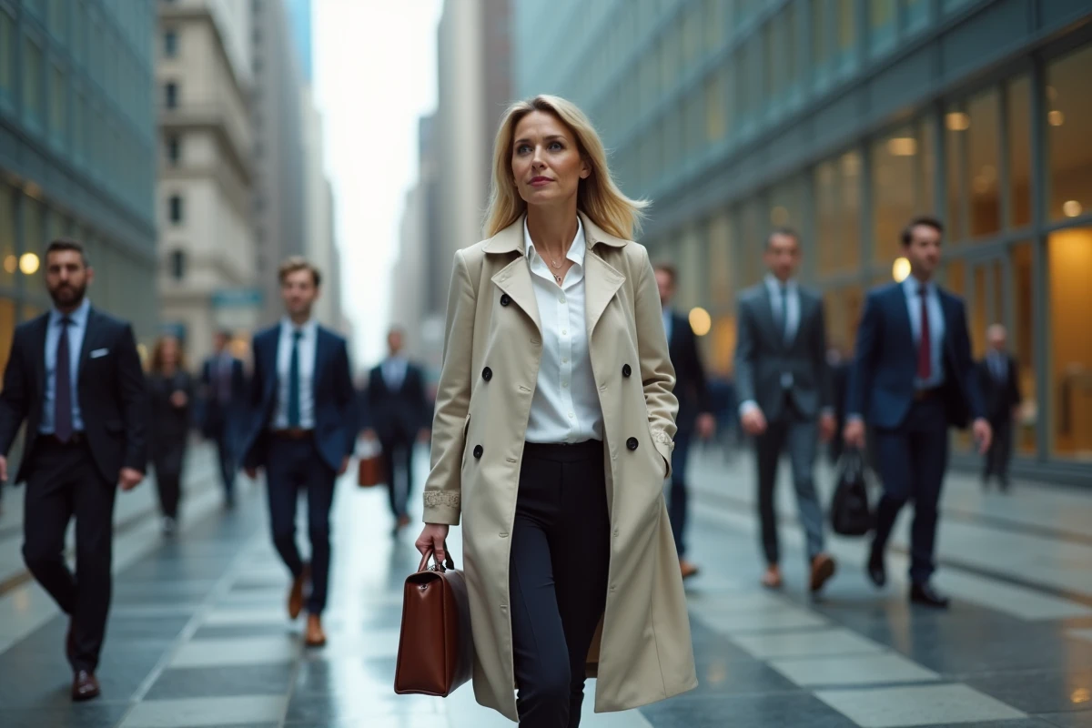 Femme urbaine marchant dans une place anim&eacute;e en trench
