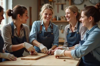 Groupe de femmes en atelier assemblant un meuble en bois