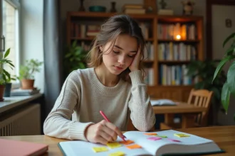 Jeune femme arrangeant des notes en espagnol dans un bureau cosy
