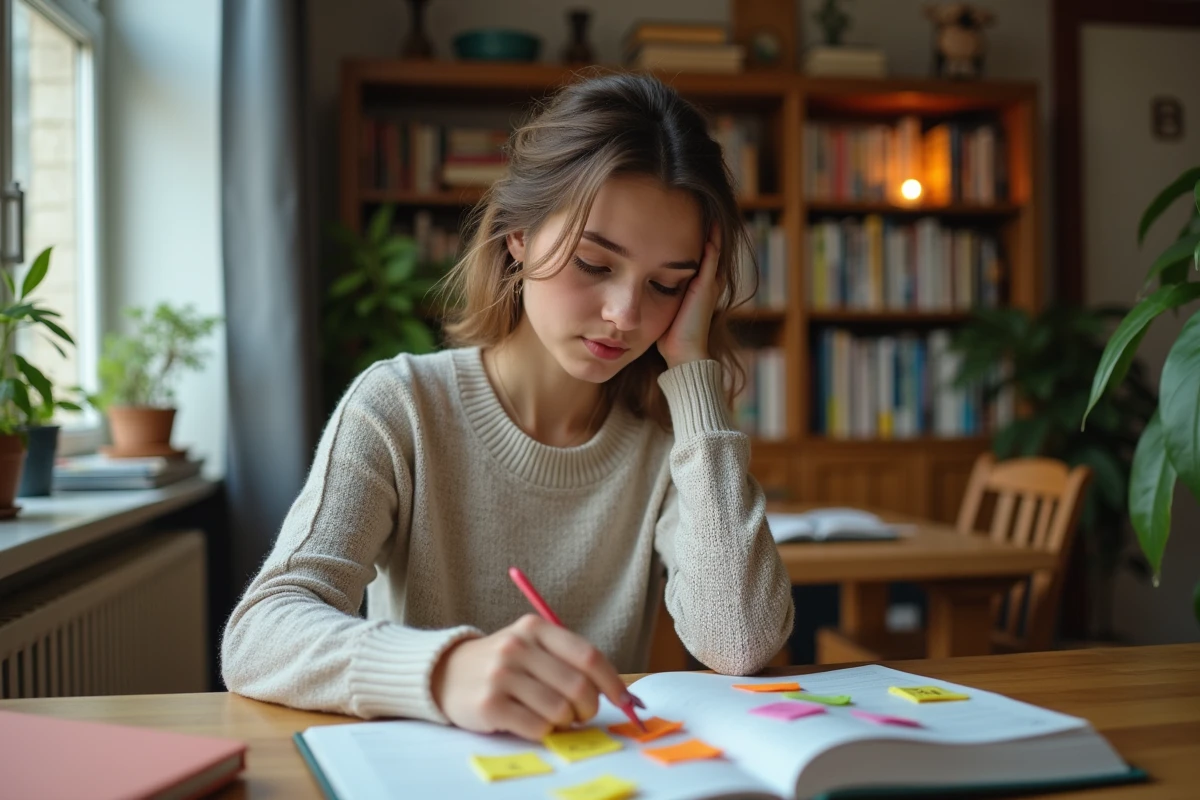 Jeune femme arrangeant des notes en espagnol dans un bureau cosy