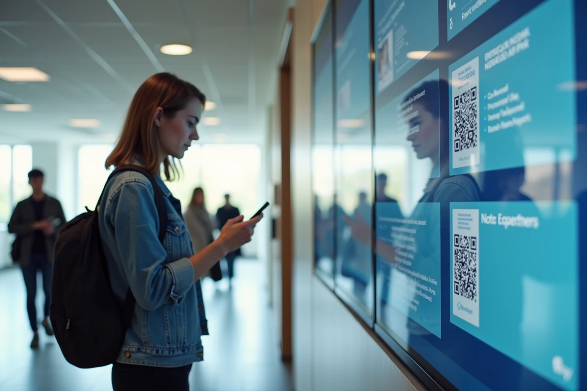 Jeune femme scannant un QR code sur un tableau num&eacute;rique &agrave; Bordeaux INP