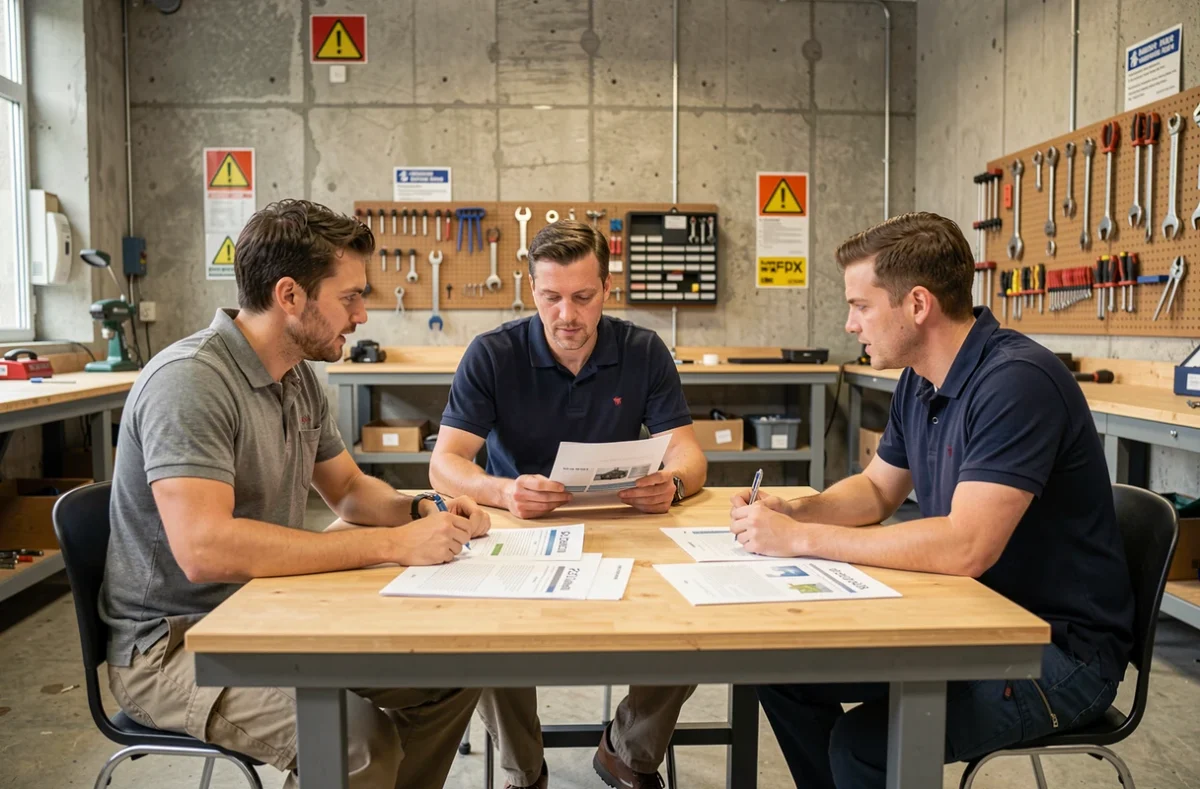 Formateur Afpa animant une session pratique avec des apprenants adultes dans un atelier de formation professionnelle