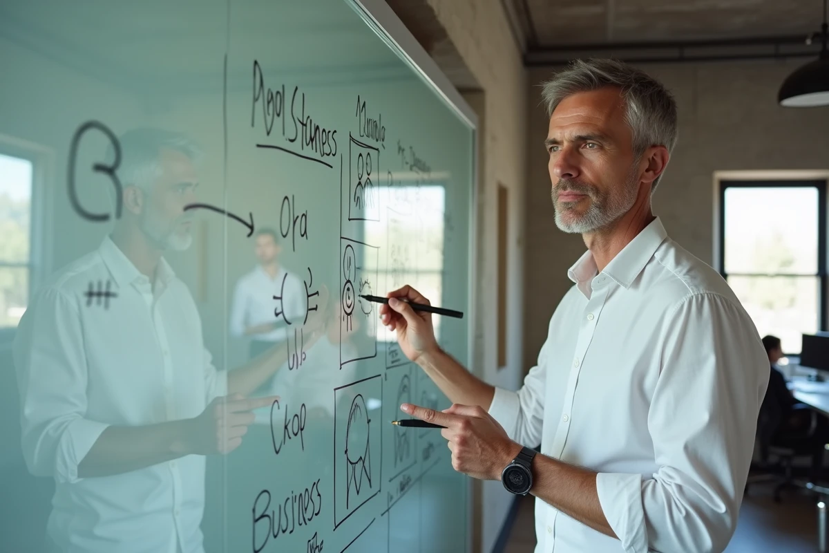 Formateur masculin élaborant un modèle économique pour lancer son activité de formation dans un espace de coworking
