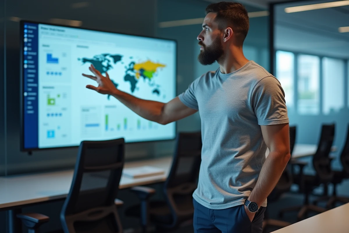 Formateur en développement web présentant un tableau de bord numérique devant des étudiants dans une salle de formation professionnelle, représentant les débouchés et salaires dans le secteur du numérique