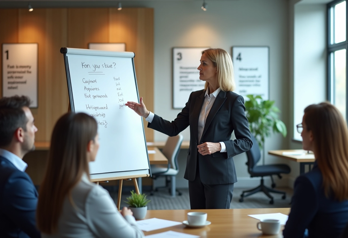 Femme en formation expliquant devant un tableau blanc