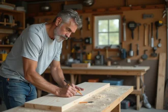 Homme adulte mesurant une planche en bois dans un atelier de bricolage à domicile, formation pratique au bricolage