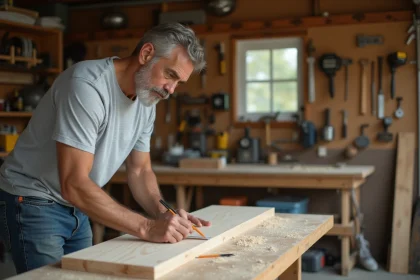 Homme adulte mesurant une planche en bois dans un atelier de bricolage à domicile, formation pratique au bricolage