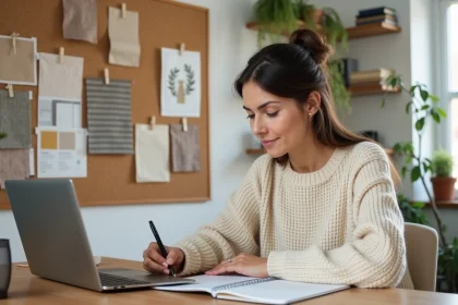 Femme suivant une formation en décoration d'intérieur en ligne depuis son bureau à domicile, entourée de planches tendance et d'échantillons de tissus