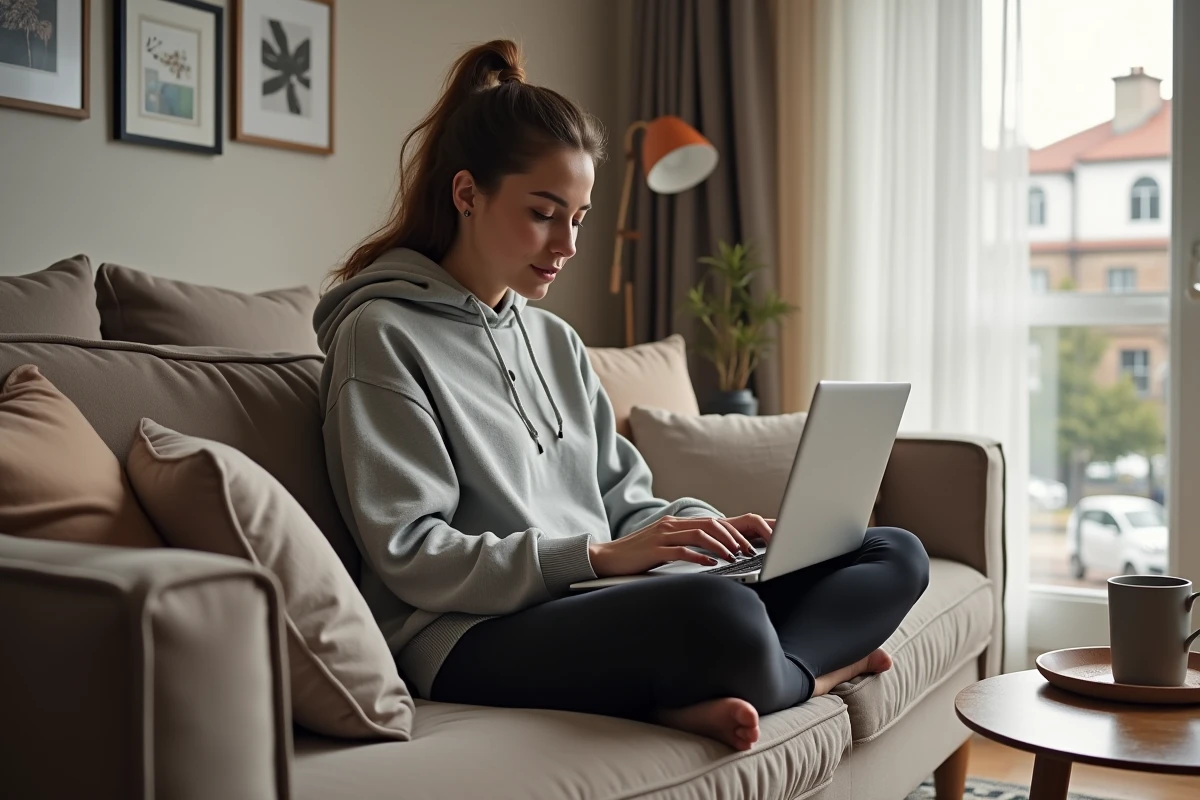 Femme suivant une formation en décoration d'intérieur depuis son canapé à la maison avec un laptop et un mug de thé dans un salon décoré avec goût