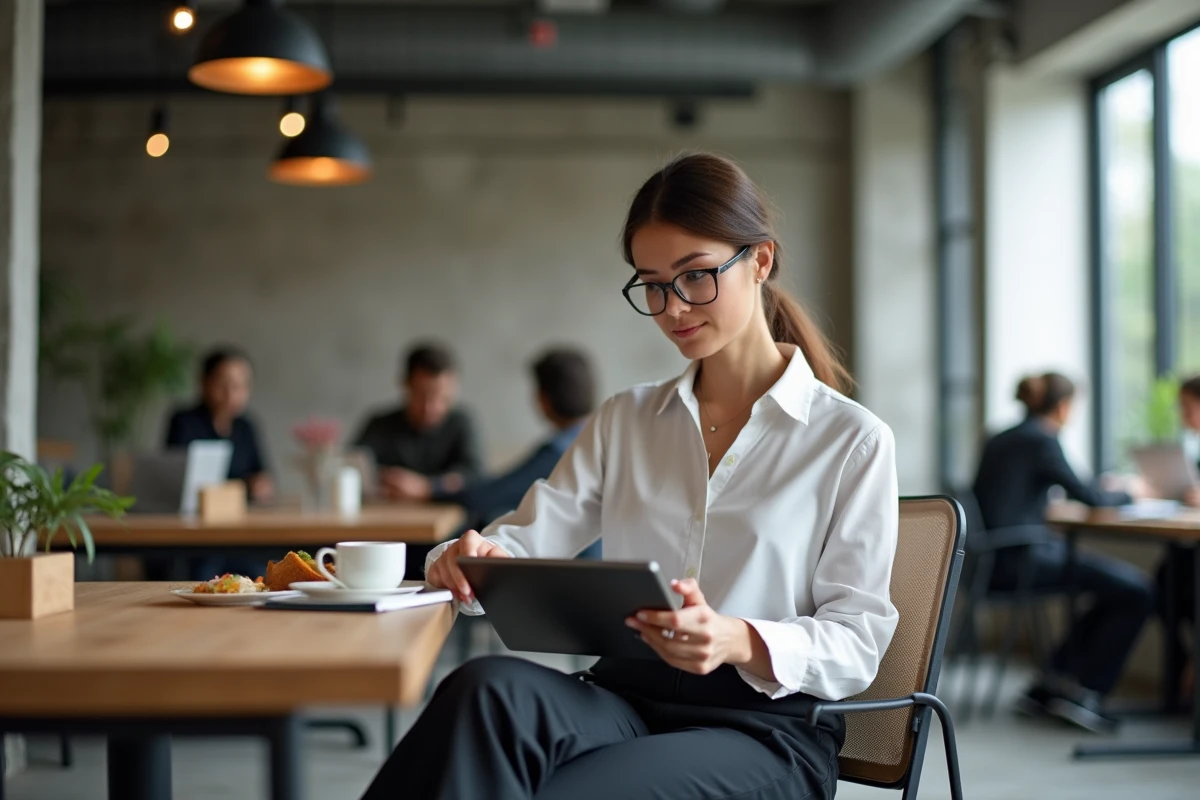 Femme professionnelle consultant un cours de décoration en ligne sur tablette pendant sa pause déjeuner dans un espace de co-working moderne