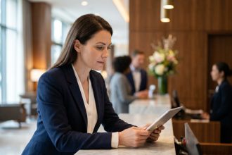 Directrice d'hôtel en formation management consultant une tablette numérique à la réception d'un établissement haut de gamme