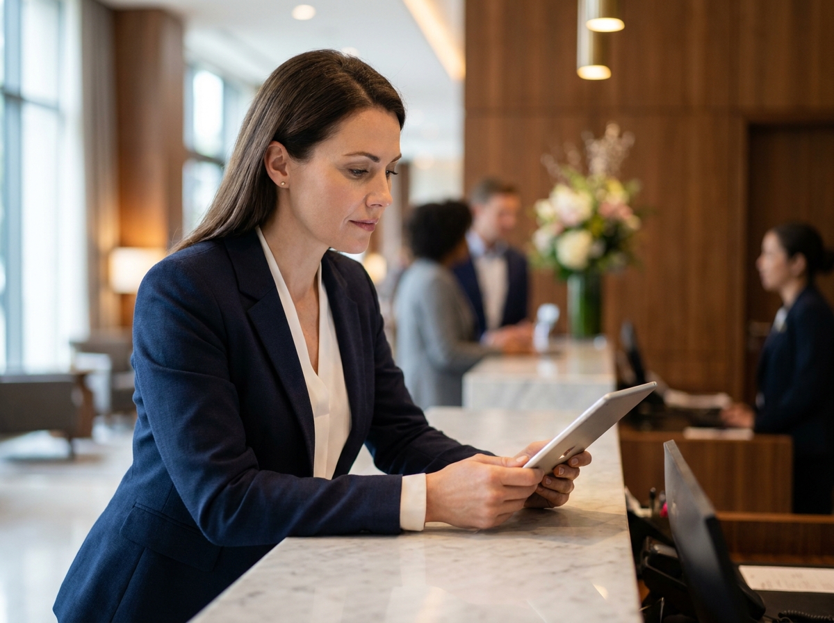 Directrice d'hôtel en formation management consultant une tablette numérique à la réception d'un établissement haut de gamme