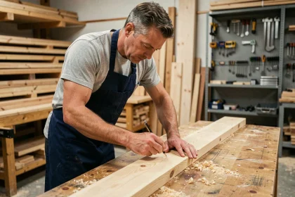 Adulte en formation menuiserie mesurant une planche en bois dans un atelier professionnel