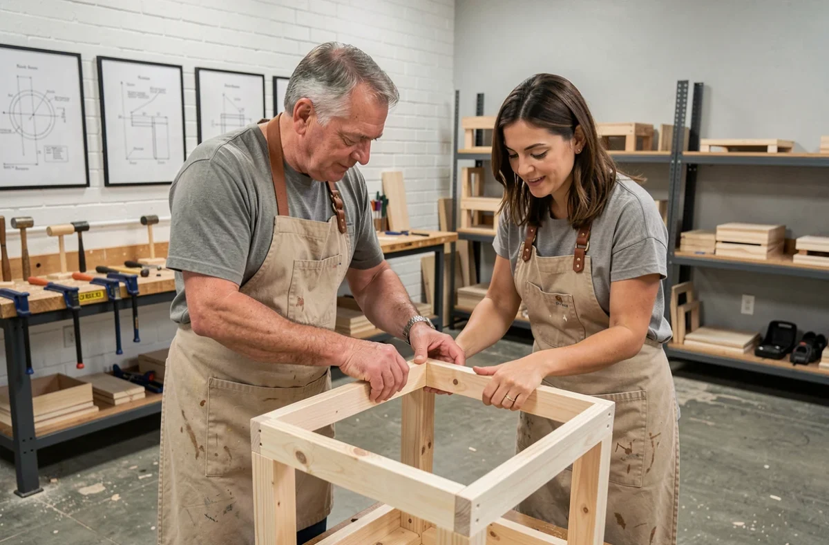Deux adultes en formation menuiserie assemblant un meuble en bois dans une école professionnelle