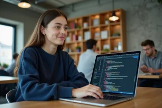 Étudiante en formation numérique travaillant sur un ordinateur portable dans un espace de coworking moderne, illustrant les formations de l'Académie Tic et Tac