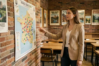 Étudiante en formation tourisme régional devant une carte touristique dans une école locale