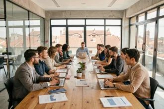 Groupe de jeunes adultes en formation en alternance dans un centre de formation moderne à Toulouse, Haute-Garonne