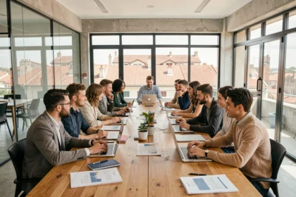 Groupe de jeunes adultes en formation en alternance dans un centre de formation moderne à Toulouse, Haute-Garonne