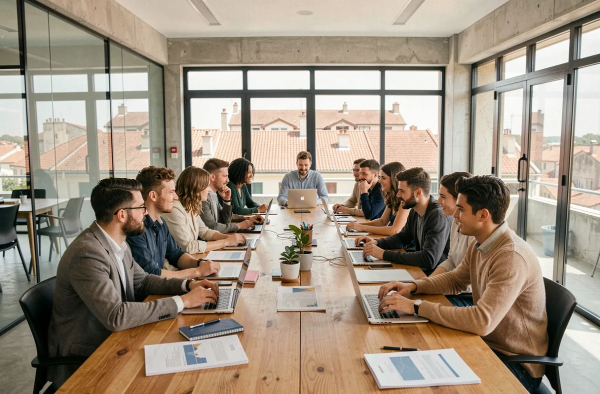 Groupe de jeunes adultes en formation en alternance dans un centre de formation moderne à Toulouse, Haute-Garonne