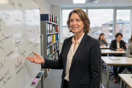 Formatrice Afpa devant un tableau blanc dans une salle de cours de formation professionnelle pour adultes